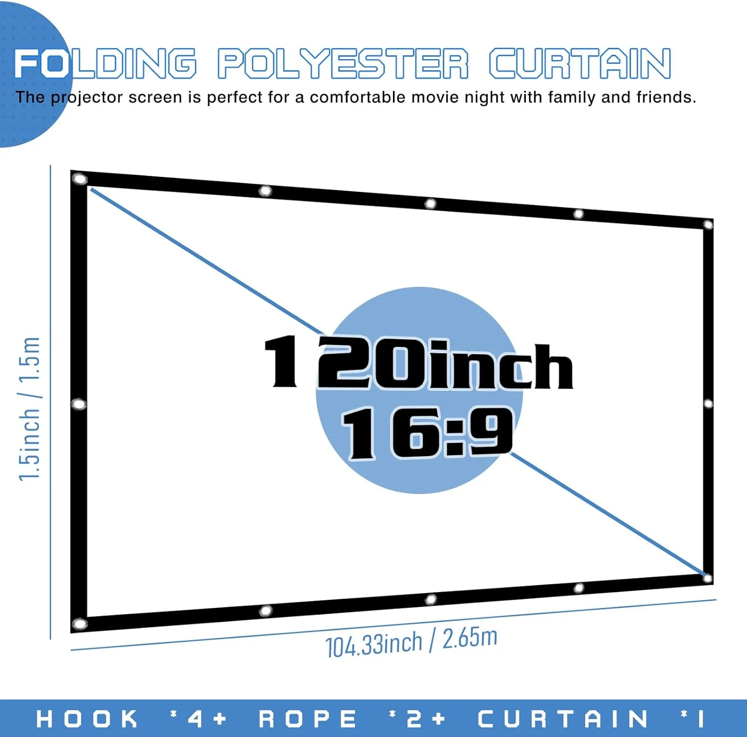 پرده نمایش پروژکتور ۱۲۰ اینچی: پرده نمایش پروژکتور فضای باز ۱۶:۹ HD، پرده نمایش ضد چروک، پرده تاشو برای خانه، دفتر، مدرسه، کمپینگ