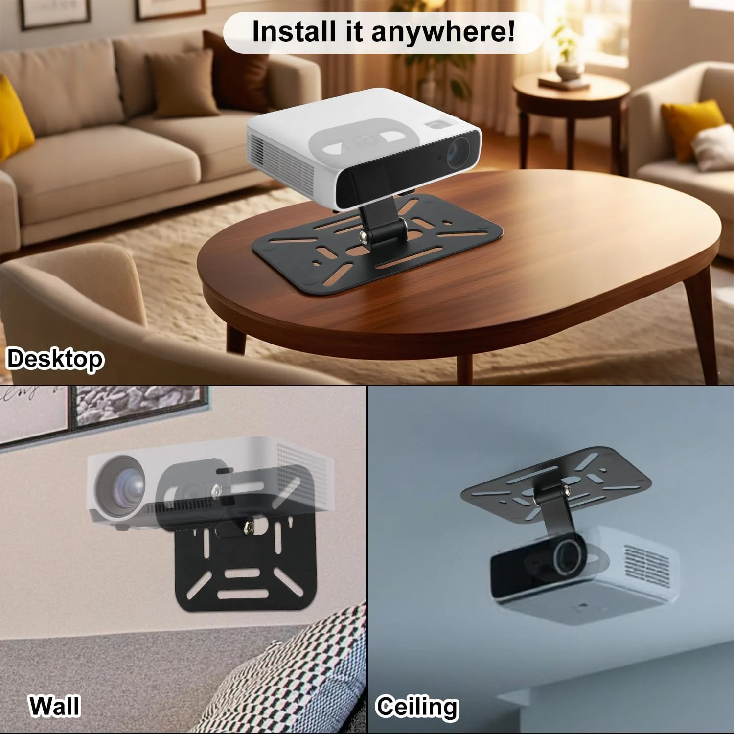 پایه پروژکتور تاشو، پایه مینی پروژکتور قابل تنظیم برای میز/سقف/دیوار سازگار با QKK، DR.J، DBPOWER، Anker، AAXA، Jinhoo، PVO، TMY (مشکی)