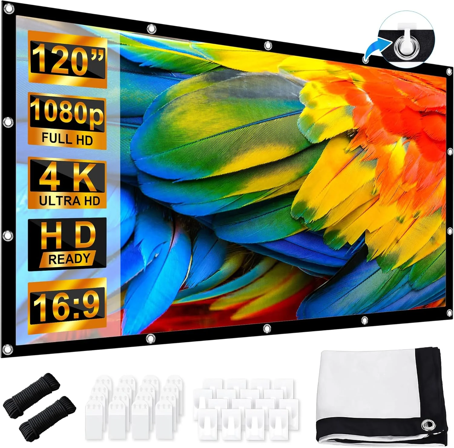 پرده نمایش پروژکتور ۱۲۰ اینچ، پرده نمایش پروژکتور قابل حمل مناسب فضای باز ۱۶:۹ HD 4K، صفحه نمایش فیلم قابل شستشو، تاشو و ضد چروک، نمایش دو طرفه، پرده نمایش برای کمپینگ و سینمای خانگی