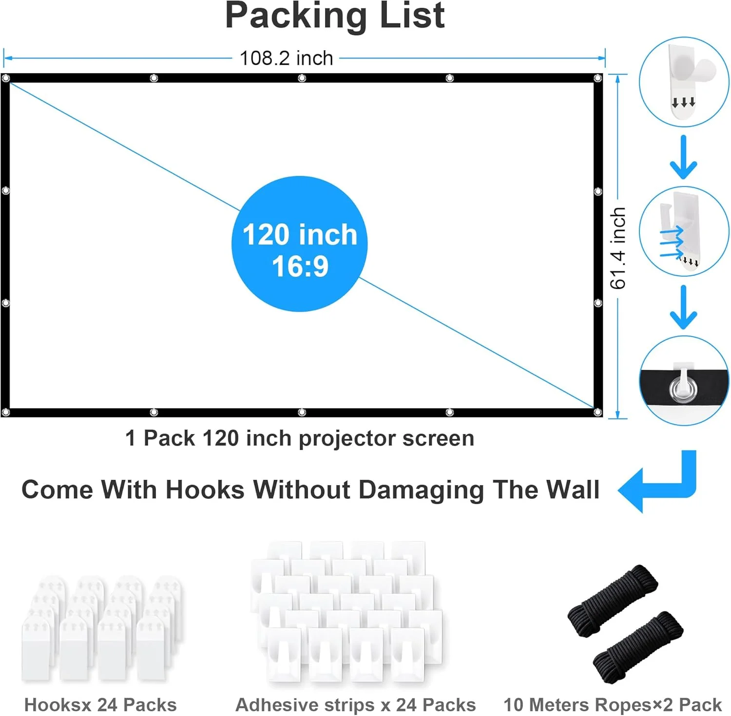 پرده نمایش پروژکتور ۱۲۰ اینچ، پرده نمایش پروژکتور قابل حمل مناسب فضای باز ۱۶:۹ HD 4K، صفحه نمایش فیلم قابل شستشو، تاشو و ضد چروک، نمایش دو طرفه، پرده نمایش برای کمپینگ و سینمای خانگی