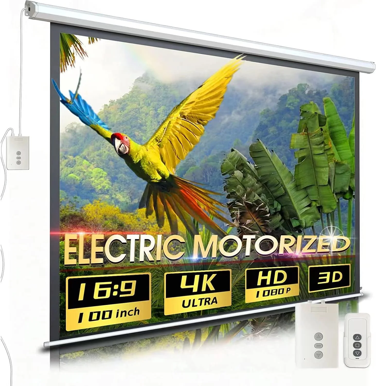 پرده نمایش برقی اتوماتیک 100 اینچ 16:9 HD با کنترل از راه دور، نصب دیواری/سقفی، بدون چروک، مناسب برای استفاده در منزل، دفتر کار، سینما و تلویزیون