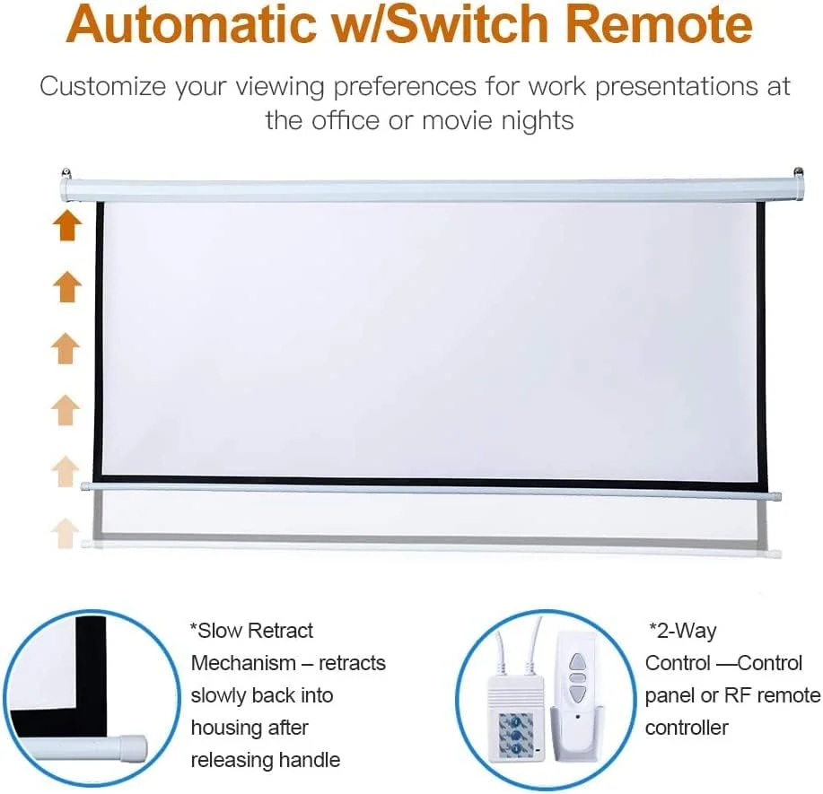 پرده نمایش برقی اتوماتیک 100 اینچ 16:9 HD با کنترل از راه دور، نصب دیواری/سقفی، بدون چروک، مناسب برای استفاده در منزل، دفتر کار، سینما و تلویزیون