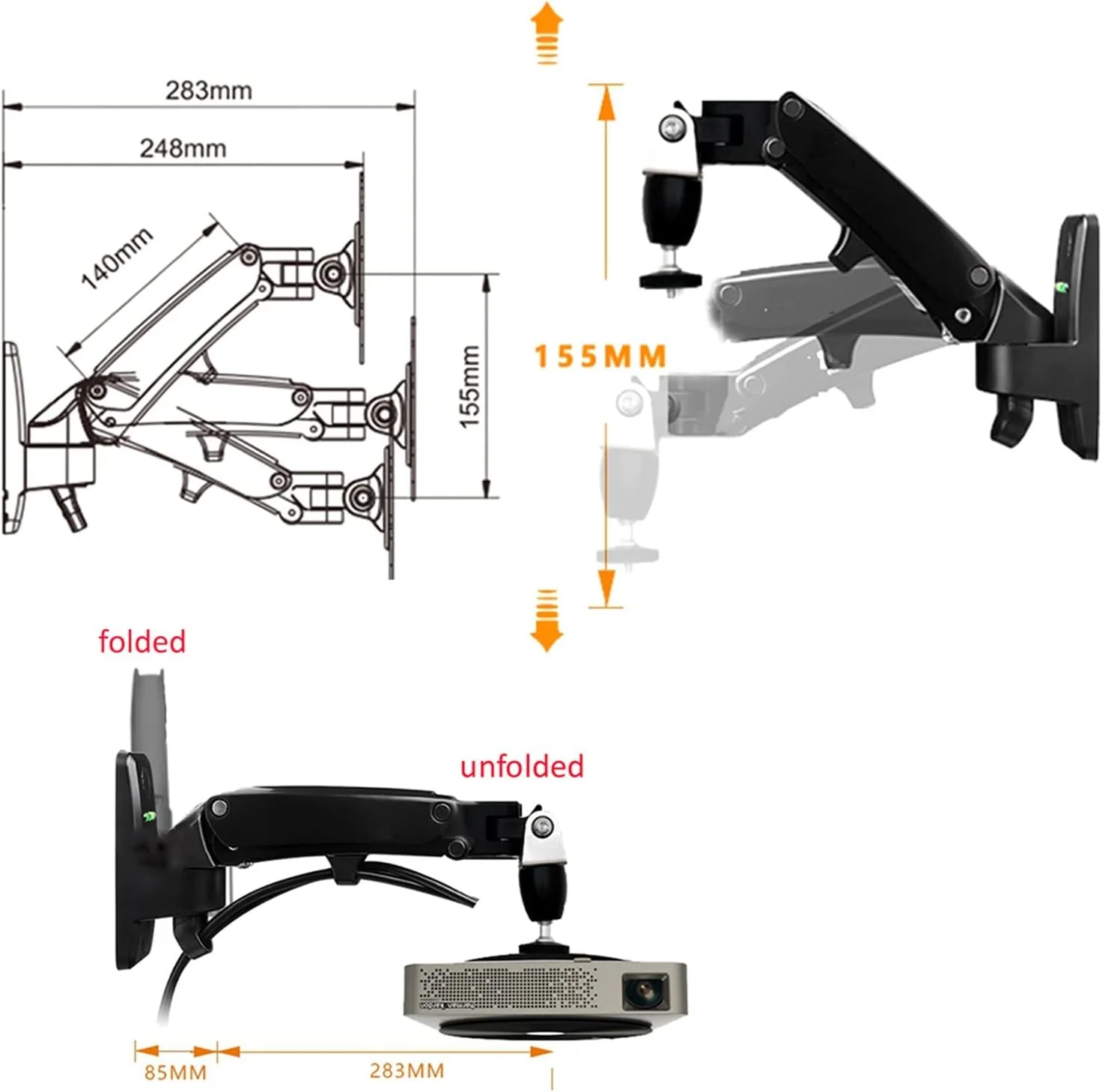 پایه پروژکتور شیب دار فنری گازی یونیورسال، پایه سقفی آلیاژ آلومینیوم با چرخش 360 درجه