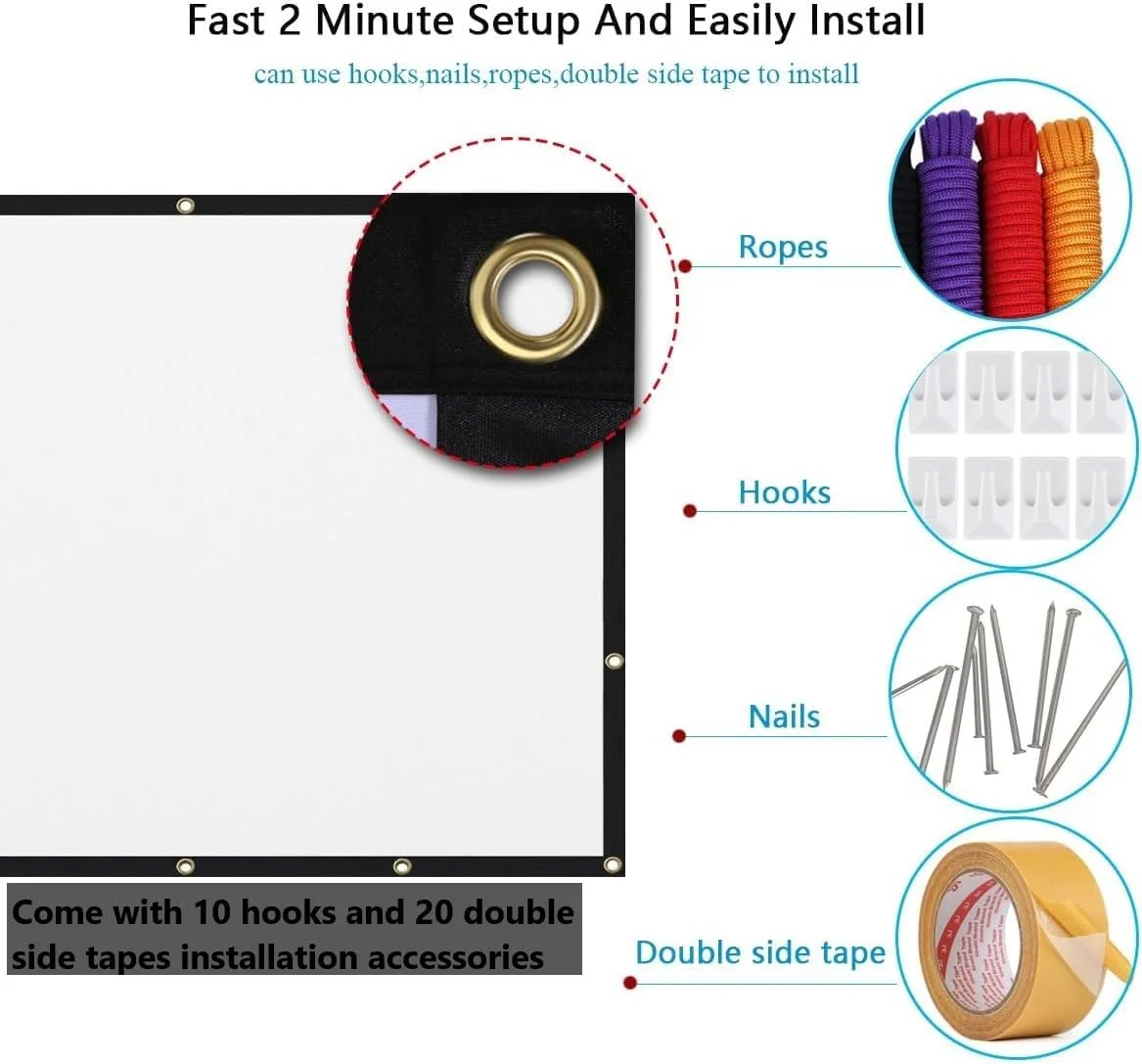 پرده نمایش پروژکتور 120 اینچی MOIZ با نسبت تصویر 16:9، تاشو، ضد چروک، قابل حمل، مناسب برای فیلم، سینمای خانگی، فضای باز و داخل، پشتیبانی از نمایش دو طرفه