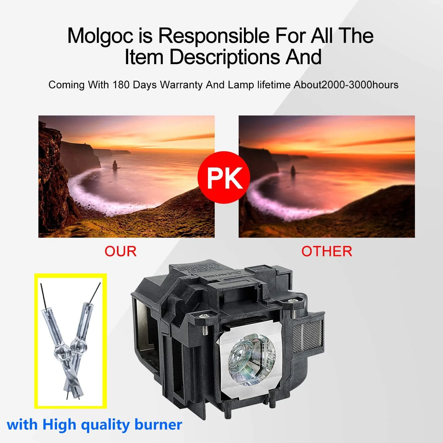 لامپ جایگزین پروژکتور Molgoc، سازگار با EPSON V13H010L78, ELPLP78, EH-TW490 EB-X18, EB-X24, EH-TW5100, EH-TW5200 EH-TW570, پروژکتور powerlite 965.