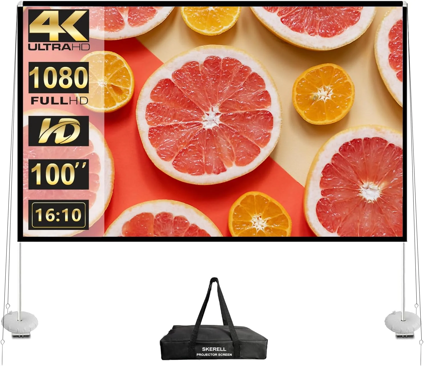 پرده نمایش پروژکتور فضای باز با پایه 100 اینچی: پرده نمایش قابل حمل 16:10 4K HD برای فیلم در فضای باز با کیف حمل برای سینمای خانگی و حیاط خلوت