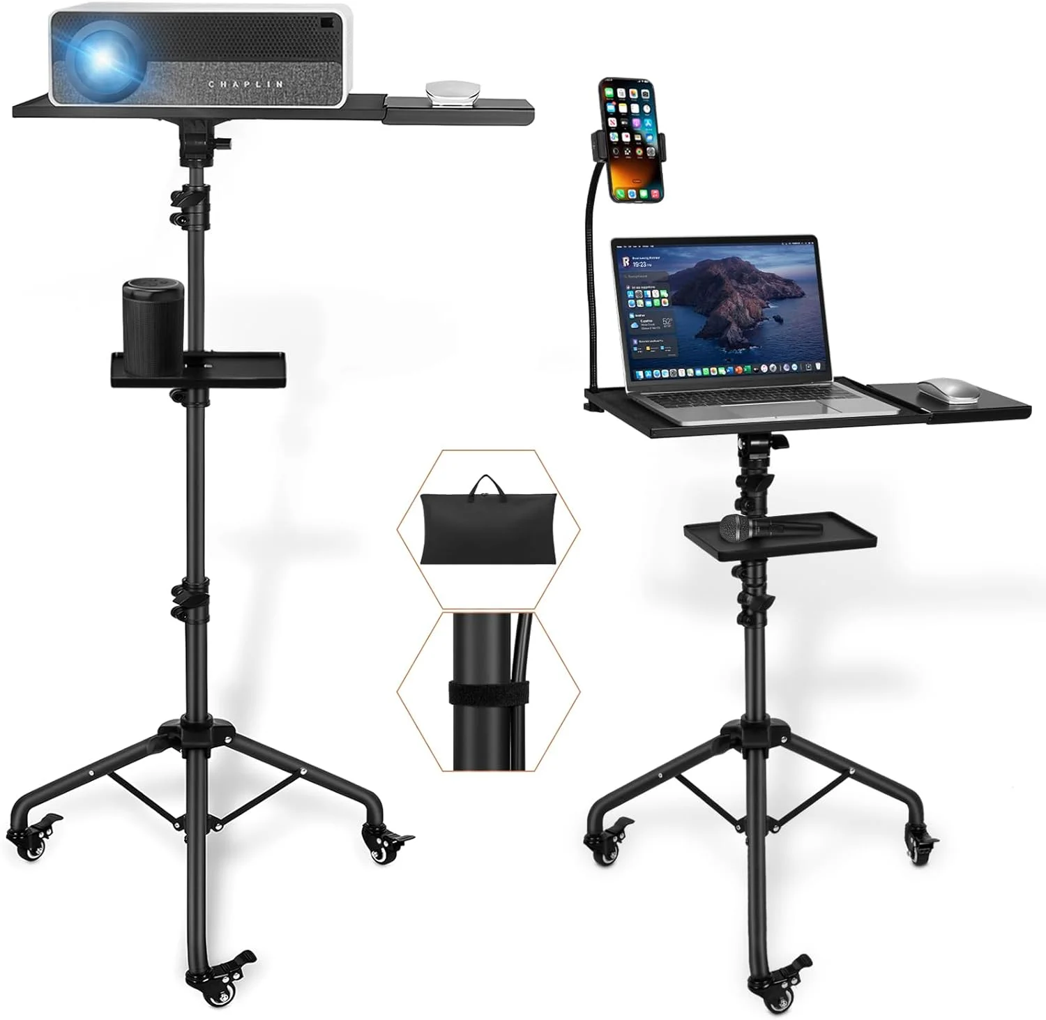 پایه ویدئو پروژکتور چرخ دار OUUTMEE، سه پایه قابل حمل پروژکتور با ارتفاع قابل تنظیم 72-134 سانتی متر، دارای سینی ماوس، نگهدارنده تلفن و سینی ذخیره سازی برای سینمای خانگی، دفتر کار و تجهیزات دی جی استیج