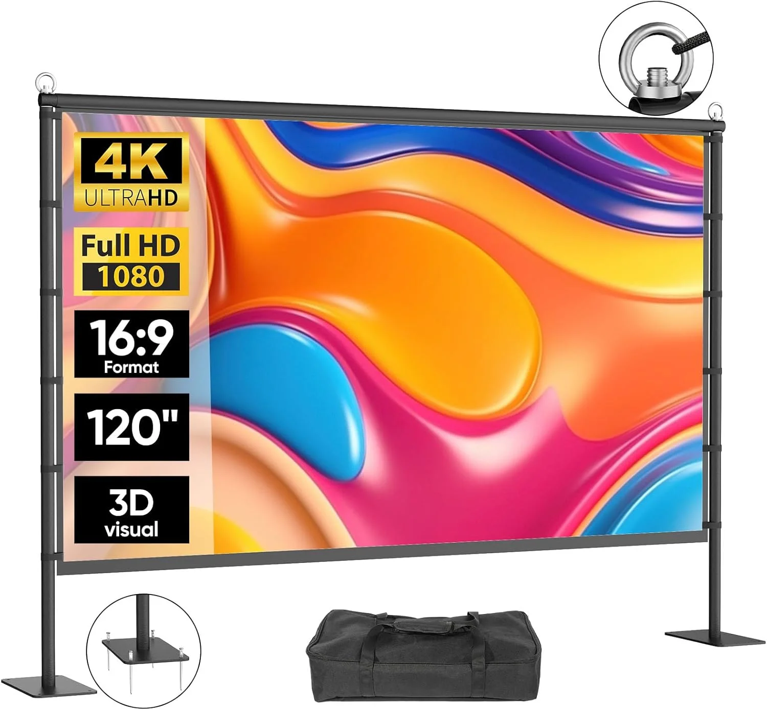 پرده نمایش پروژکتور فضای باز با پایه - پرده نمایش قابل حمل 120 اینچی - پرده نمایش سبک وزن برای استفاده در فضای داخلی و خارجی - پرده نمایش فیلم 16:9 4K HD به همراه کیف حمل