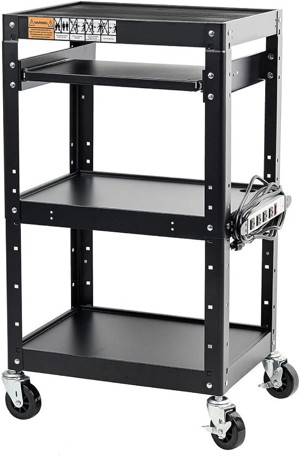 استند چرخدار چندمنظوره Pearington برای ویدئو پروژکتور، تلویزیون، لپ تاپ، پرینتر - ساختار فلزی با قفسه های قابل تنظیم و 4 چرخ; 4 پریز برق و سیم 12 اینچی، مشکی