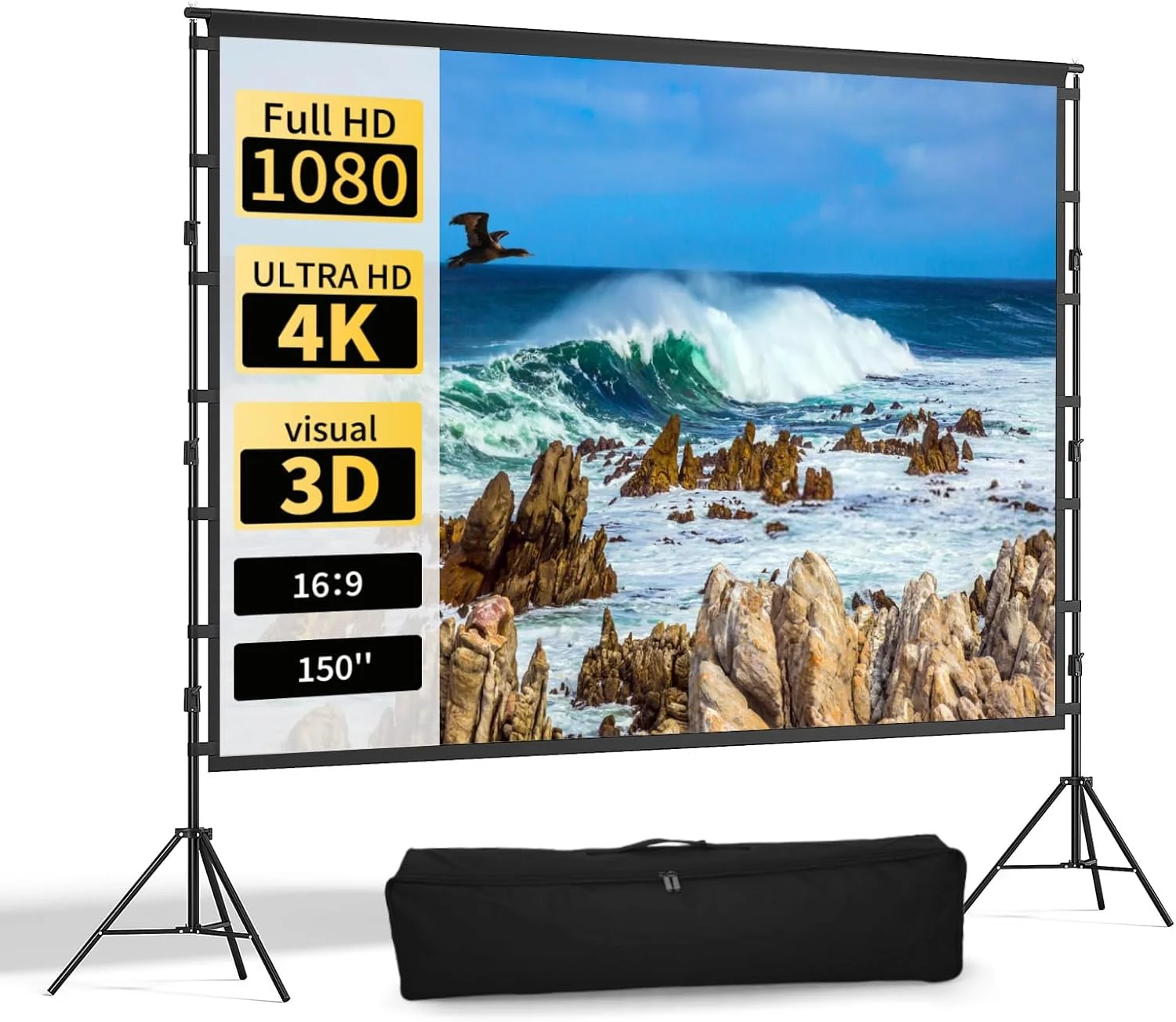 پرده نمایش پروژکتور 150 اینچی با سه پایه، پرده نمایش قابل حمل برای داخل و خارج از خانه، پرده سه پایه تاشو 16:9 4K Full HD با کیف حمل برای اتاق نشیمن، هتل، مدرسه و دفتر