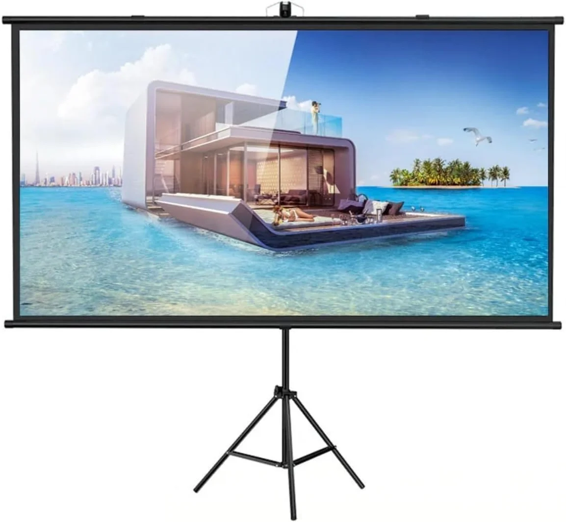 پرده نمایش پروژکتور 150 اینچی تاشو قابل حمل با پایه، پرده نمایش فیلم پارچه ای برای فضای باز، HD، 4K، سینمای خانگی، بازی، تلویزیون و ویدئو پروژکتور برای استفاده در داخل و خارج از خانه.