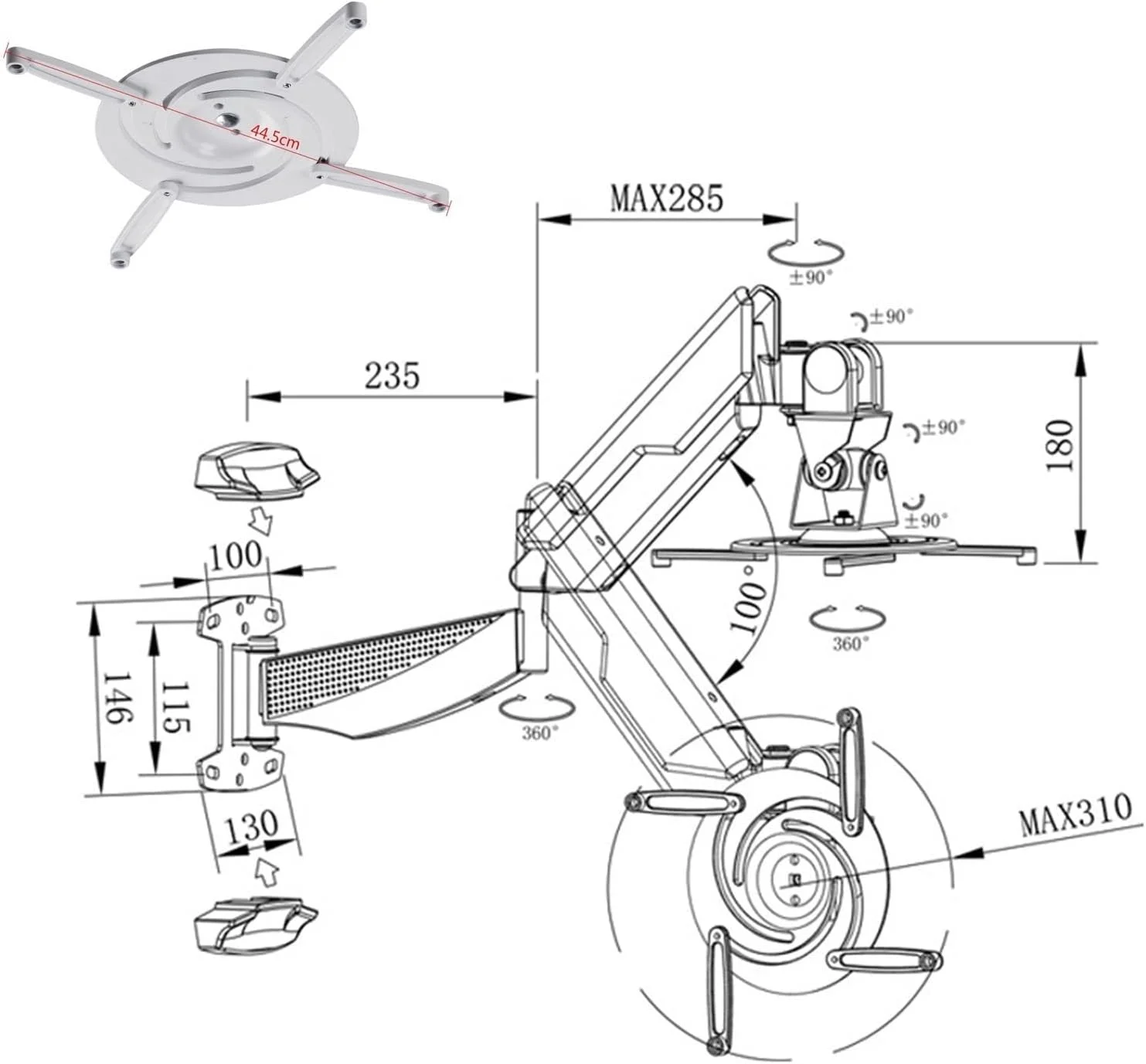 پایه پروژکتور، نگهدارنده پروژکتور، آویز پروژکتور، دیواری پنوماتیک، آویز تلسکوپی چرخشی جهانی پروژکتور، پایه قابل تنظیم پروژکتور