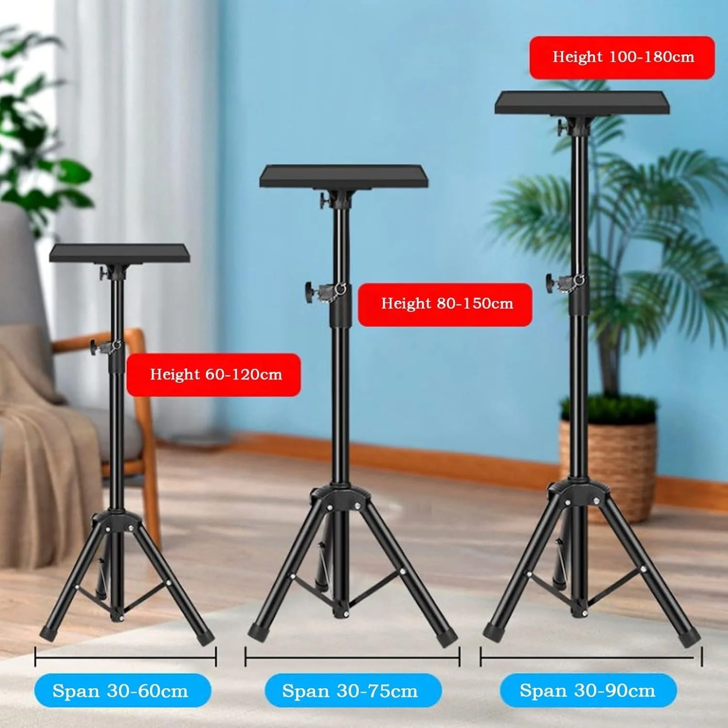 پایه پروژکتور سه پایه قابل حمل زمینی متحرک جمع شونده با سینی، پایه پروژکتور قابل تنظیم، پایه پروژکتور جهانی متحرک (1.2 متر (60-120 سانتی متر))