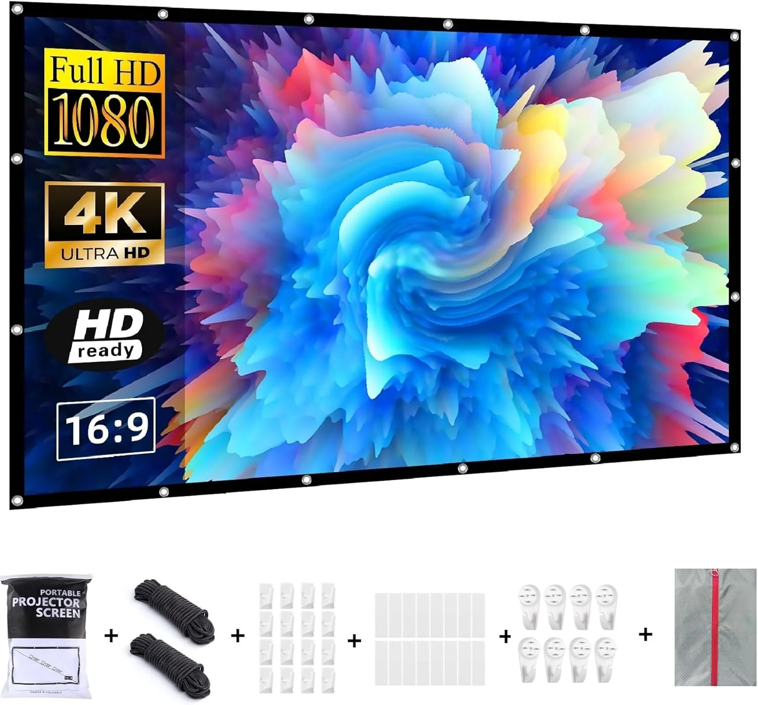 پرده نمایش پروژکتور 150 اینچ، قابل حمل برای فیلم در فضای باز، 16:9 / تاشو / ضد چروک / بهره 1.1 / زاویه دید 160 درجه / قابل شستشو، همراه با قلاب های میخ و کیف حمل، پشتیبانی از نمایش دو طرفه (150 اینچ)