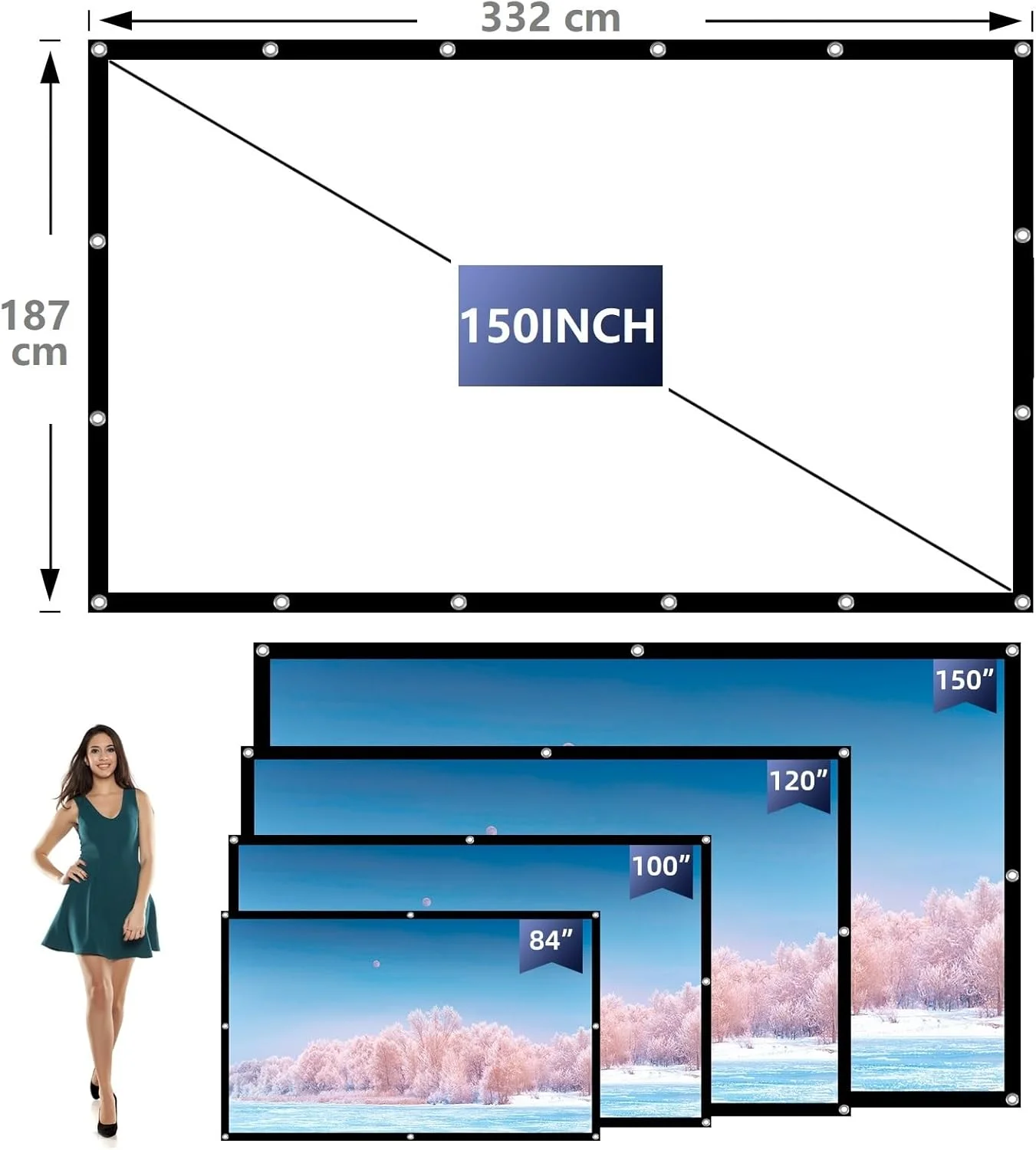 پرده نمایش پروژکتور 150 اینچ، قابل حمل برای فیلم در فضای باز، 16:9 / تاشو / ضد چروک / بهره 1.1 / زاویه دید 160 درجه / قابل شستشو، همراه با قلاب های میخ و کیف حمل، پشتیبانی از نمایش دو طرفه (150 اینچ)