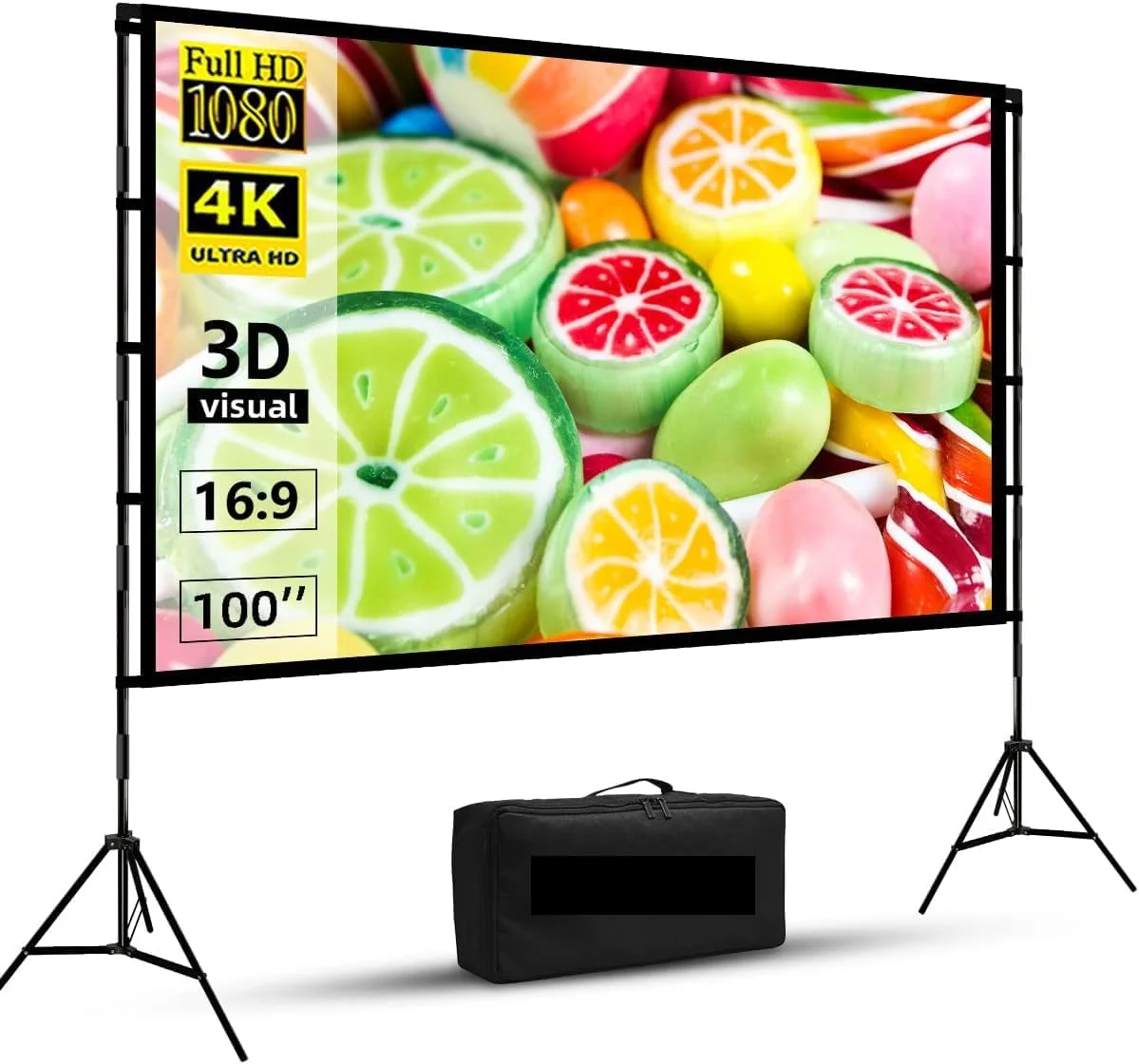 پرده نمایش پروژکتور با پایه، 100 اینچ، پرده نمایش قابل حمل برای فضای باز و داخل خانه، نسبت تصویر 16:9 4K، پرده نمایش فیلم با کیف حمل برای سینمای خانگی و حیاط خلوت پرده نمایش پروژکتور با پایه، 100 اینچ، پرده نمایش قابل حمل برای فضای باز و داخل خانه، نسبت تصویر 16:9 4K، پرده نمایش فیلم با کیف حمل برای سینمای خانگی و حیاط خلوت