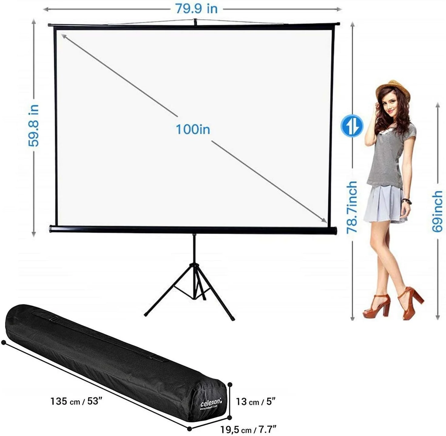 پرده نمایش قابل حمل 100 اینچی مورب HD 4:3 با پایه تاشو سه پایه پرده نمایش قابل حمل 100 اینچی مورب HD 4:3 با پایه تاشو سه پایه