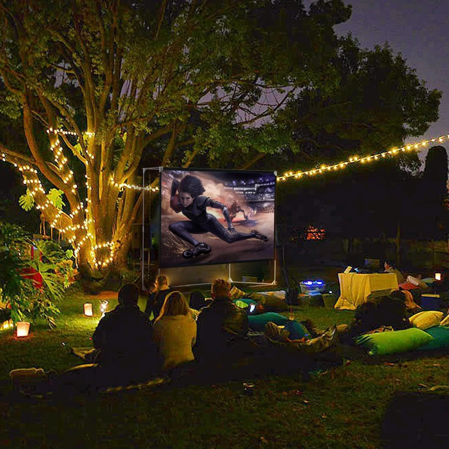 پرده نمایش و پایه پروژکتور ۱۵۰ اینچی بزرگ مناسب فضای باز، پرده نمایش فیلم قابل حمل HD 4K با نسبت تصویر ۱۶:۹ به همراه کیف حمل، طراحی ضد چروک و مقاوم در برابر باد برای سینمای خانگی و حیاط خلوت