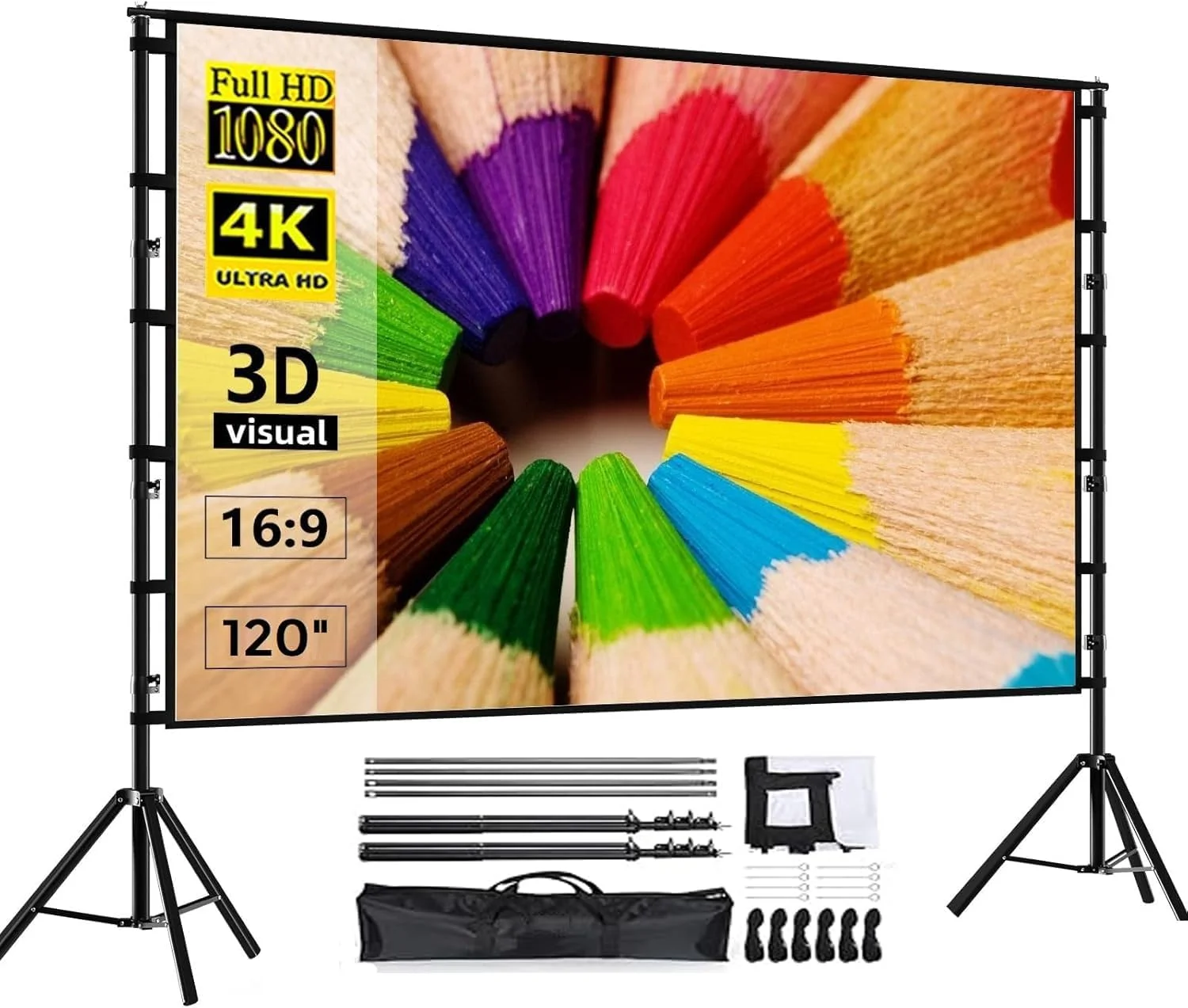 پرده نمایش پروژکتور با پایه، 120 اینچ، پرده نمایش قابل حمل، 4K HD 16:9 بدون چروک برای فیلم در فضای باز (1.1Gain، زاویه دید 160 درجه و شامل کیف حمل)