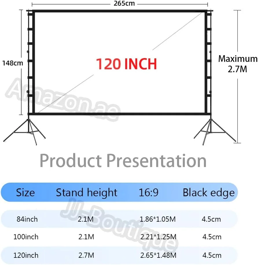 پرده نمایش پروژکتور با پایه، 120 اینچ 16:9 HD 4K با سه پایه برای فیلم، تلویزیون و ویدیو، پرده نمایش فیلم قابل حمل برای سینمای خانگی داخلی و فضای باز (265 * 148CM)
