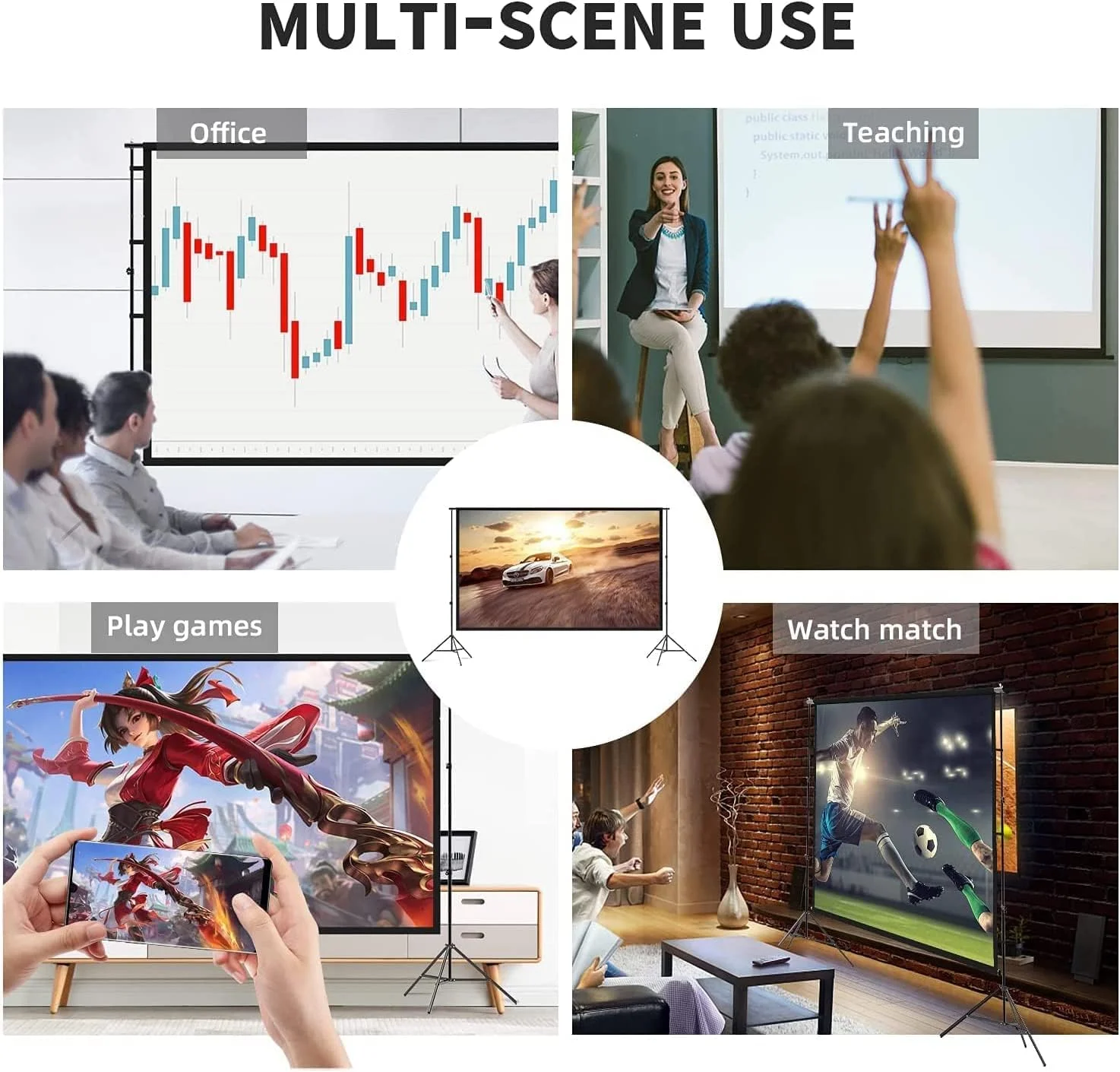 پرده نمایش پروژکتور با پایه، 120 اینچ، پرده نمایش قابل حمل، 4K HD 16:9 بدون چروک برای فیلم در فضای باز (1.1Gain، زاویه دید 160 درجه و شامل کیف حمل)