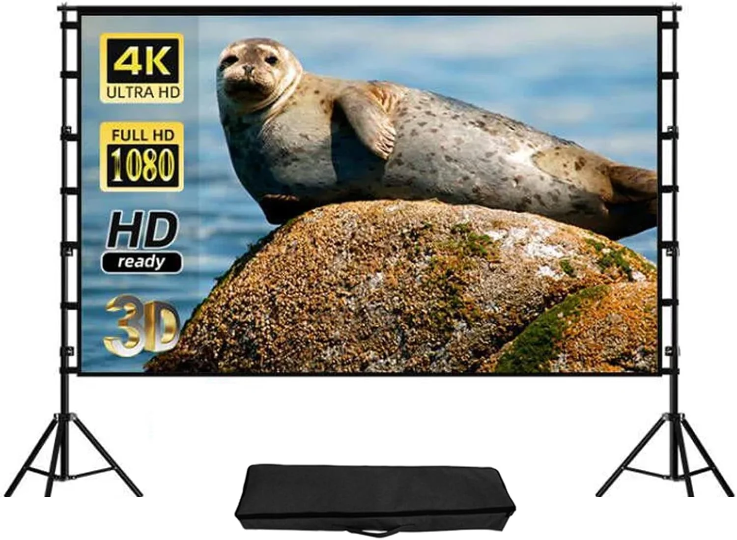 پرده نمایش پروژکتور با پایه، پرده نمایش فیلم قابل حمل و تاشو HD 16:9 با براکت دوبل و کیف حمل برای استفاده در فضای داخلی خانه، حیاط خلوت، جلسات اداری، کمپینگ در فضای باز (84 اینچ)