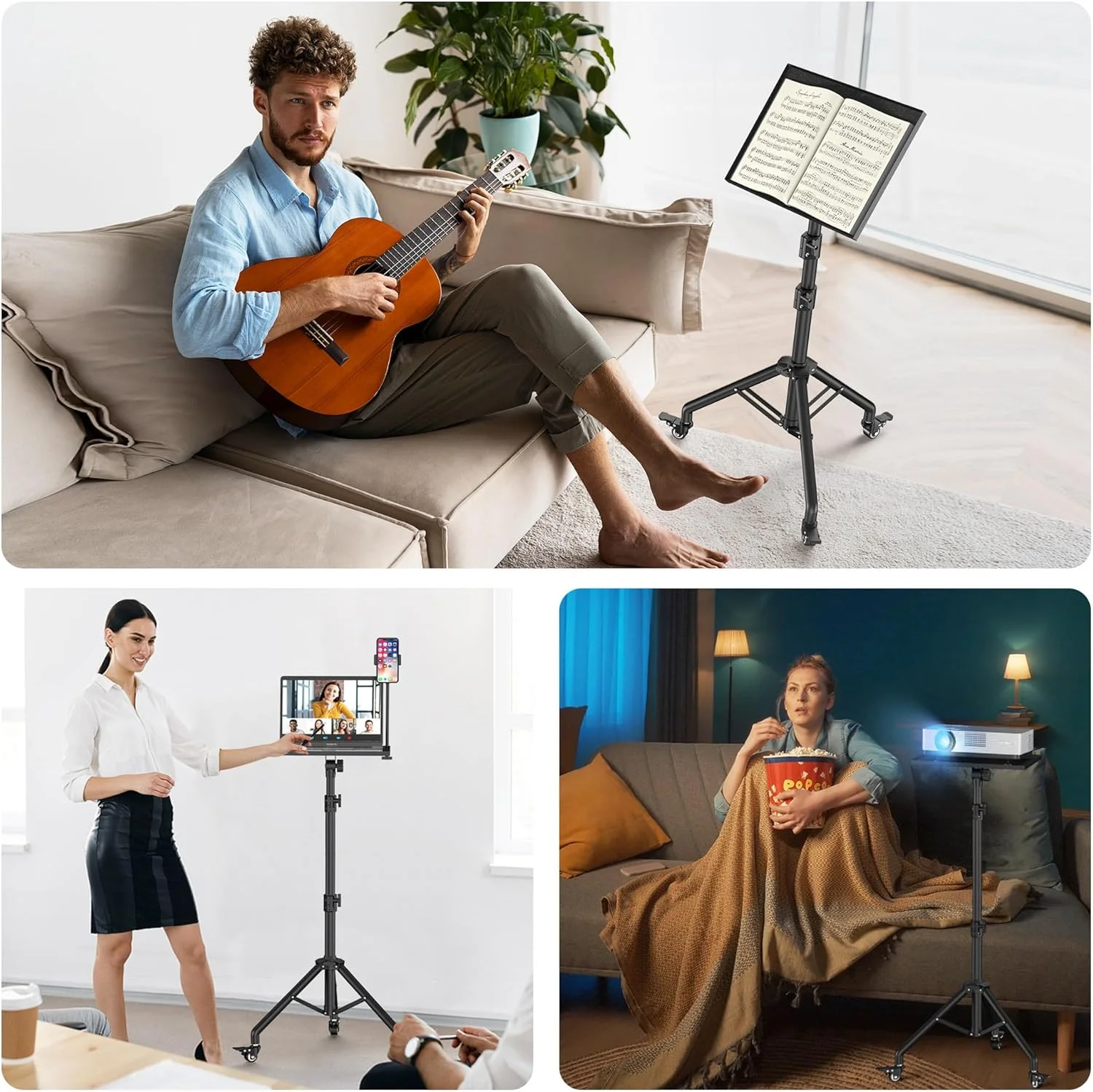 پایه پروژکتور سه پایه با چرخ، پایه سه پایه لپ تاپ چرخ دار، پایه پروژکتور با ارتفاع قابل تنظیم 73 تا 112 سانتی متر، پایه سه پایه پروژکتور برای دفتر و خانه، پایه زمینی قابل حمل لپ تاپ (مشکی، 73-112 سانتی متر)