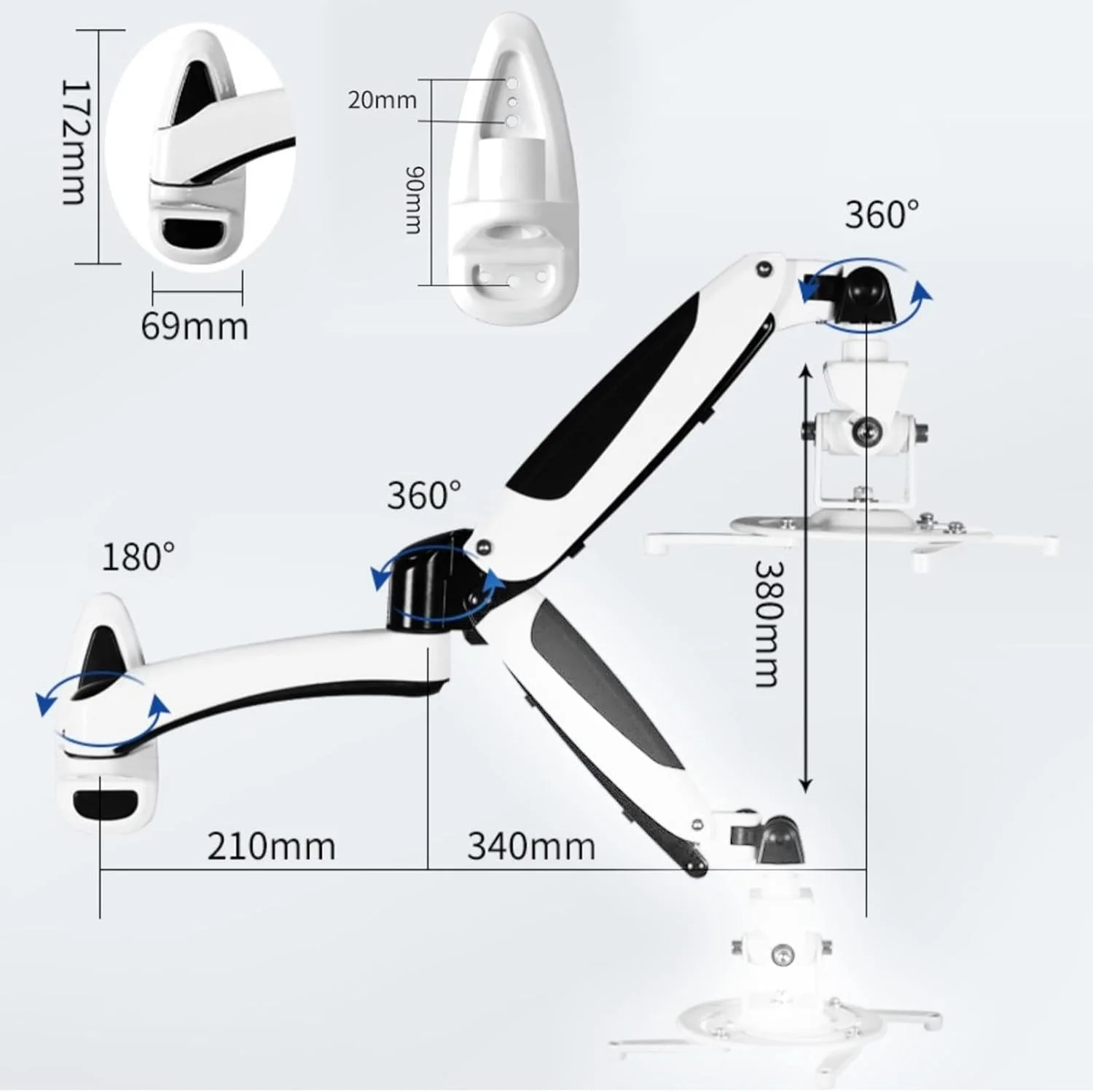 پایه پروژکتور دیواری یونیورسال با فنر گازی و حرکت کامل 2-7 کیلوگرم به همراه سینی قلاب دار و پیچ های 1/4 اینچی مدل (B)