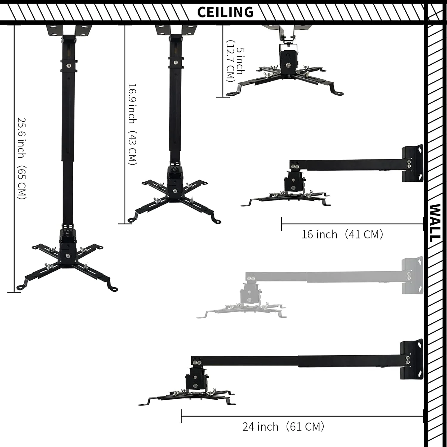 پایه پروژکتور شیانگ یو، پایه نصب جهانی پروژکتور روی دیوار یا سقف با ارتفاع قابل تنظیم و بازوهای قابل افزایش برای پروژکتورهای خانگی و اداری (مشکی) پایه پروژکتور شیانگ یو، پایه نصب جهانی پروژکتور روی دیوار یا سقف با ارتفاع قابل تنظیم و بازوهای قابل افزایش برای پروژکتورهای خانگی و اداری (مشکی)