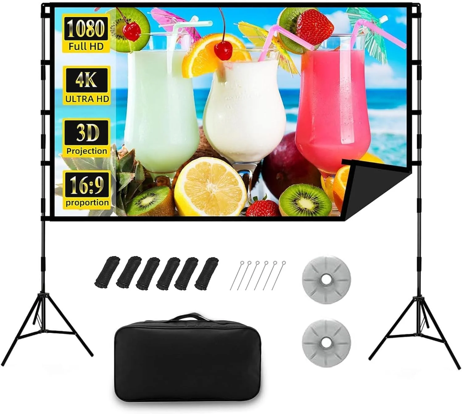 پرده نمایش پروژکتور با پایه 120 اینچ، پرده نمایش قابل حمل ارتقا یافته، پرده نمایش تاشو قابل حمل 16:9 4K HD برای سینمای خانگی داخلی، حیاط خلوت، مسافرت