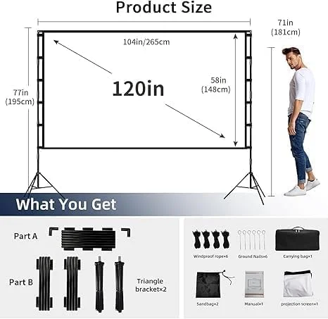پرده نمایش پروژکتور با پایه 120 اینچ، پرده نمایش قابل حمل ارتقا یافته، پرده نمایش تاشو قابل حمل 16:9 4K HD برای سینمای خانگی داخلی، حیاط خلوت، مسافرت پرده نمایش پروژکتور با پایه 120 اینچ، پرده نمایش قابل حمل ارتقا یافته، پرده نمایش تاشو قابل حمل 16:9 4K HD برای سینمای خانگی داخلی، حیاط خلوت، مسافرت