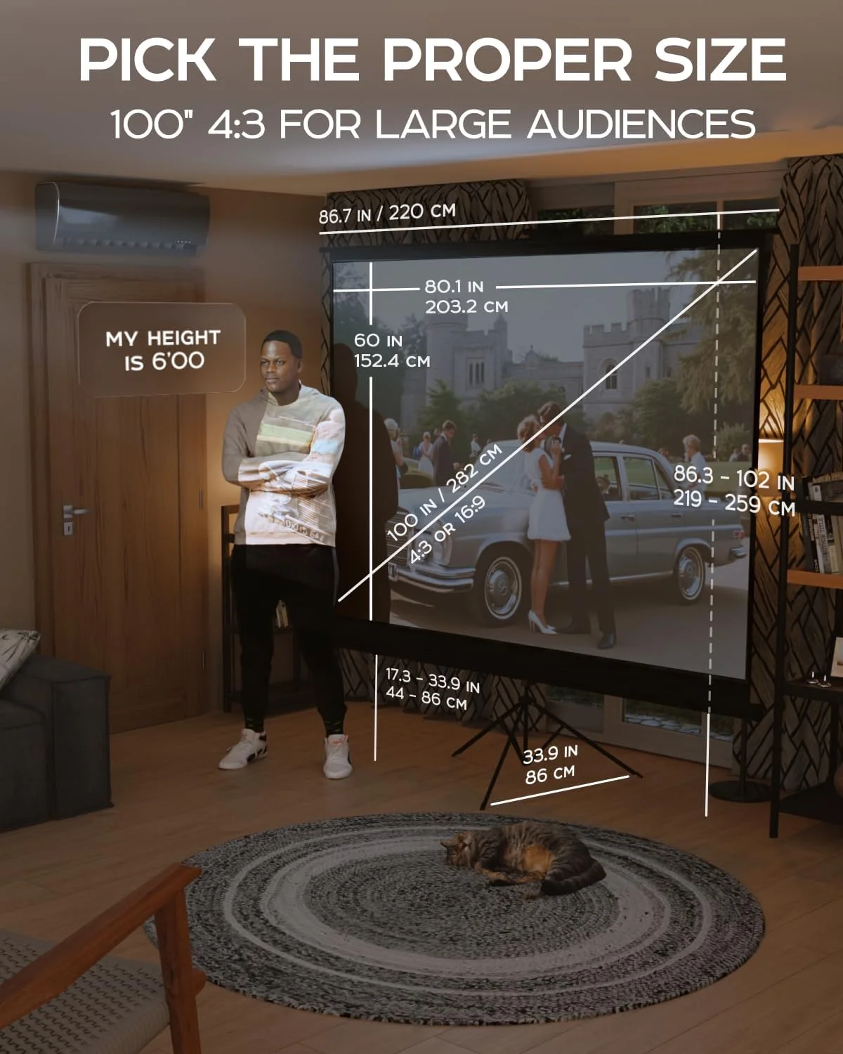 پرده نمایش پروپ‌ویو ۱۰۰ اینچی پایه‌دار - پرده پروژکتور داخلی و خارجی برای فیلم یا ارائه - قابل تنظیم از ۴:۳ به ۱۶:۹ HD با سه‌پایه ممتاز بدون چروک به همراه کیف، مات