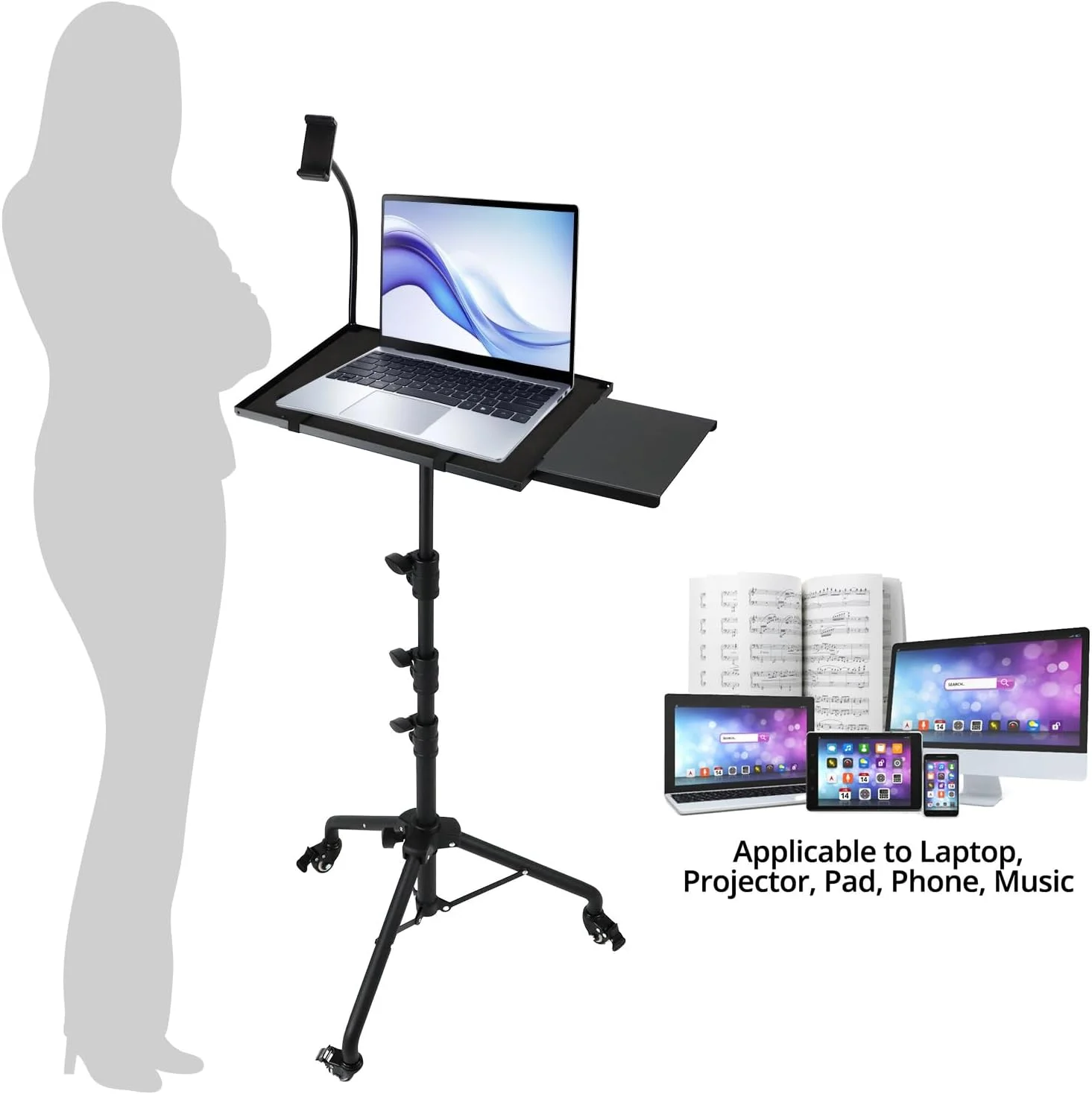 پایه پروژکتور QWORK، سه پایه پروژکتور 66 تا 160 سانتی متر، سه پایه پروژکتور با قابلیت تنظیم ارتفاع، سه پایه زمینی با چرخ، پایه پروژکتور