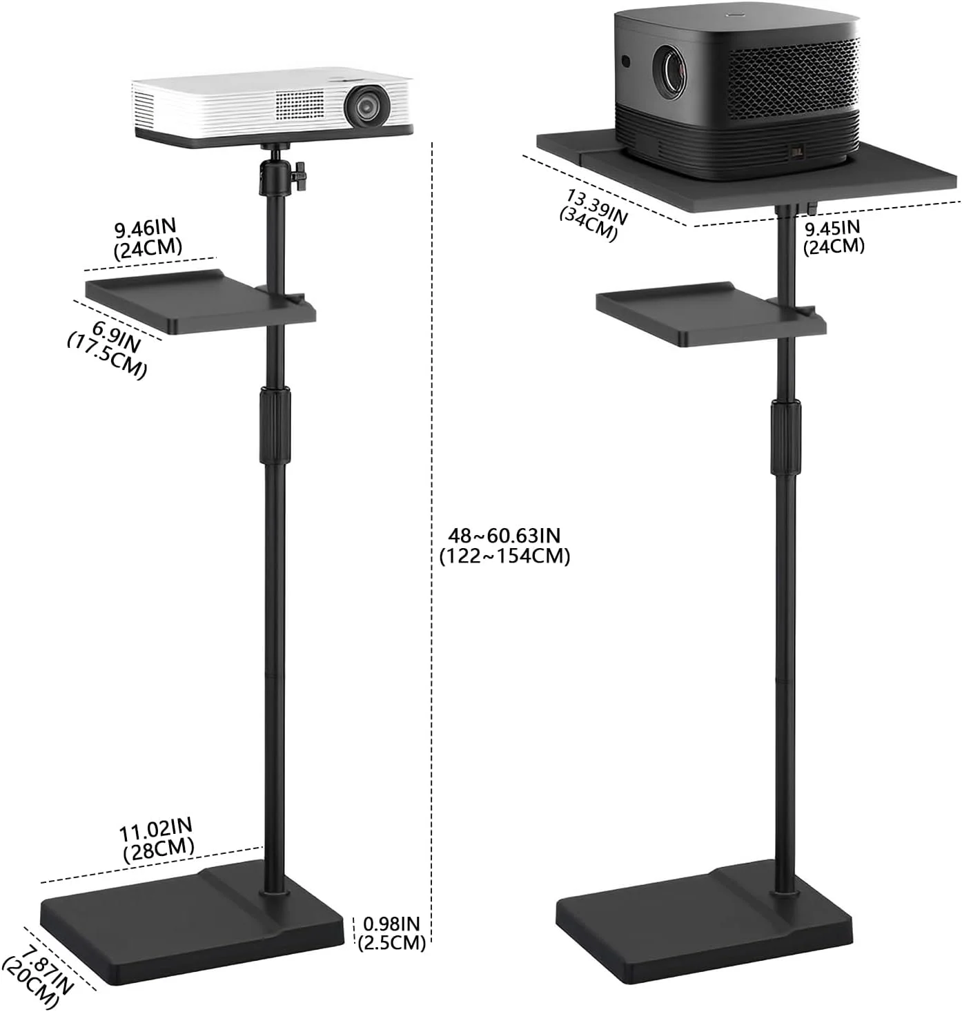 پایه پروژکتور ایستاده با قابلیت تنظیم ارتفاع و سینی نگهدارنده، دو حالت استفاده، قابلیت پنهان شدن پشت مبل کنار دیوار، پایه پروژکتور یونیورسال برای دوربین های فیلمبرداری خانگی، اداری و وبلاگ.