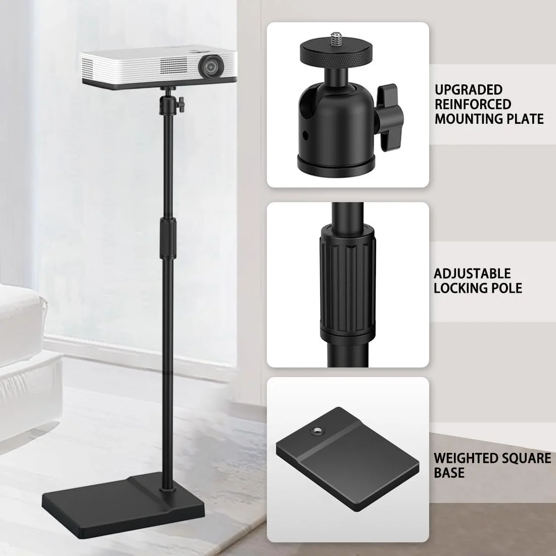 پایه پروژکتور ایستاده با قابلیت تنظیم ارتفاع و سینی نگهدارنده، دو حالت استفاده، قابلیت پنهان شدن پشت مبل کنار دیوار، پایه پروژکتور یونیورسال برای دوربین های فیلمبرداری خانگی، اداری و وبلاگ.