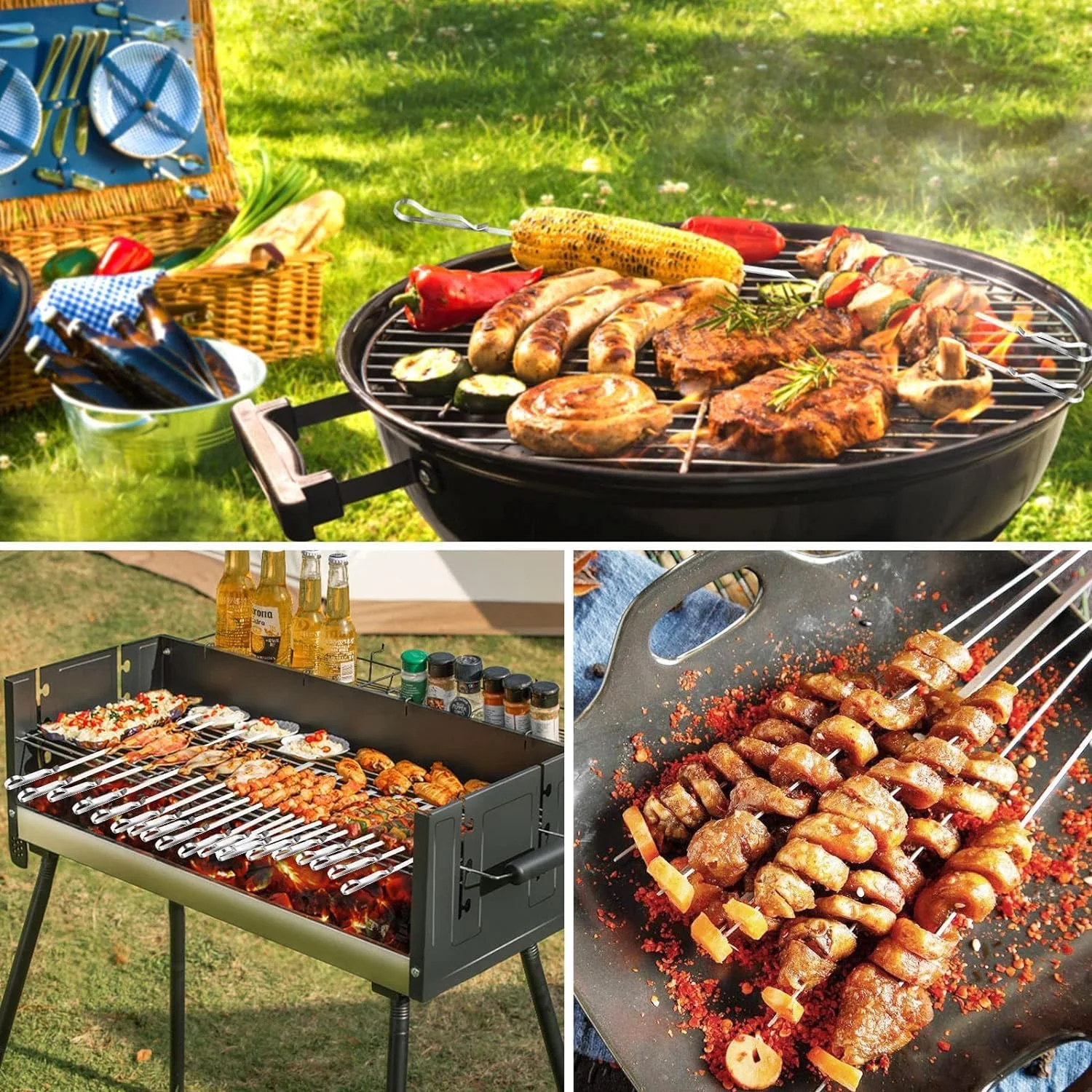 سیخ کباب استیل Azonee، سیخ های کباب تخت، سیخ های فلزی BBQ قابل استفاده مجدد برای کباب کردن، 6 سیخ، 2 قفسه گریل با کیف نگهداری سیخ کباب استیل Azonee، سیخ های کباب تخت، سیخ های فلزی BBQ قابل استفاده مجدد برای کباب کردن، 6 سیخ، 2 قفسه گریل با کیف نگهداری