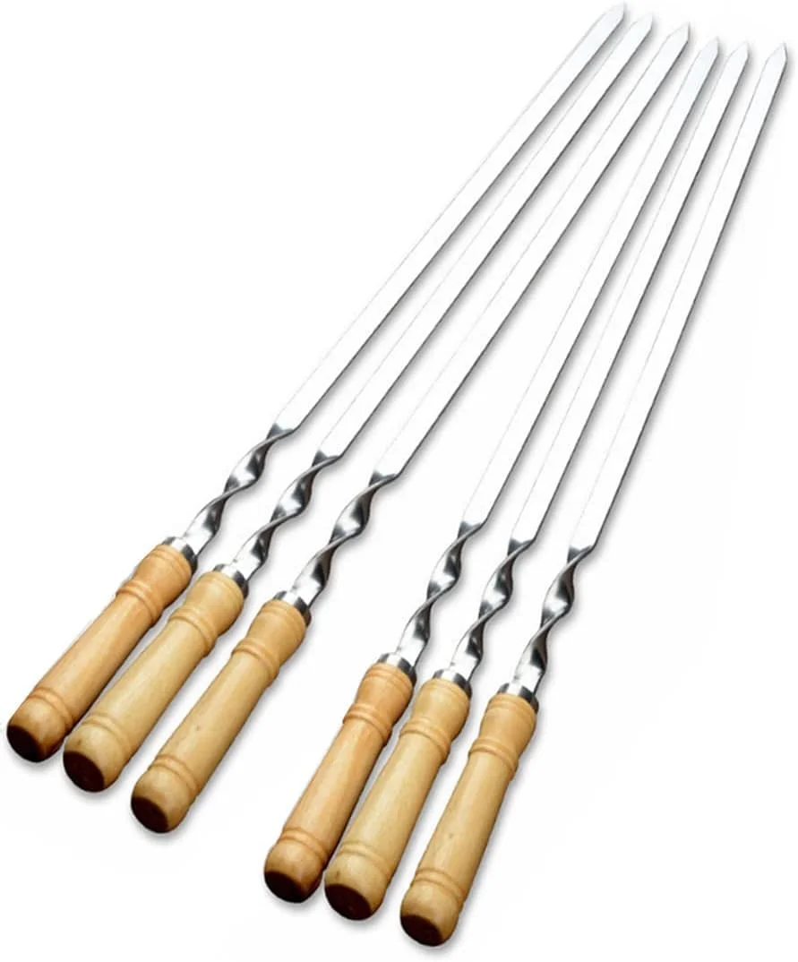 ۶ عدد سیخ کباب استیل با دسته چوبی (طول ۶۰ سانتی متر، ۶ عدد با دسته چوبی)