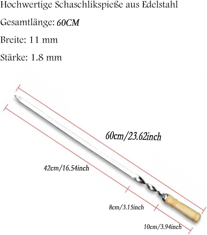 ۶ عدد سیخ کباب استیل با دسته چوبی (طول ۶۰ سانتی متر، ۶ عدد با دسته چوبی)