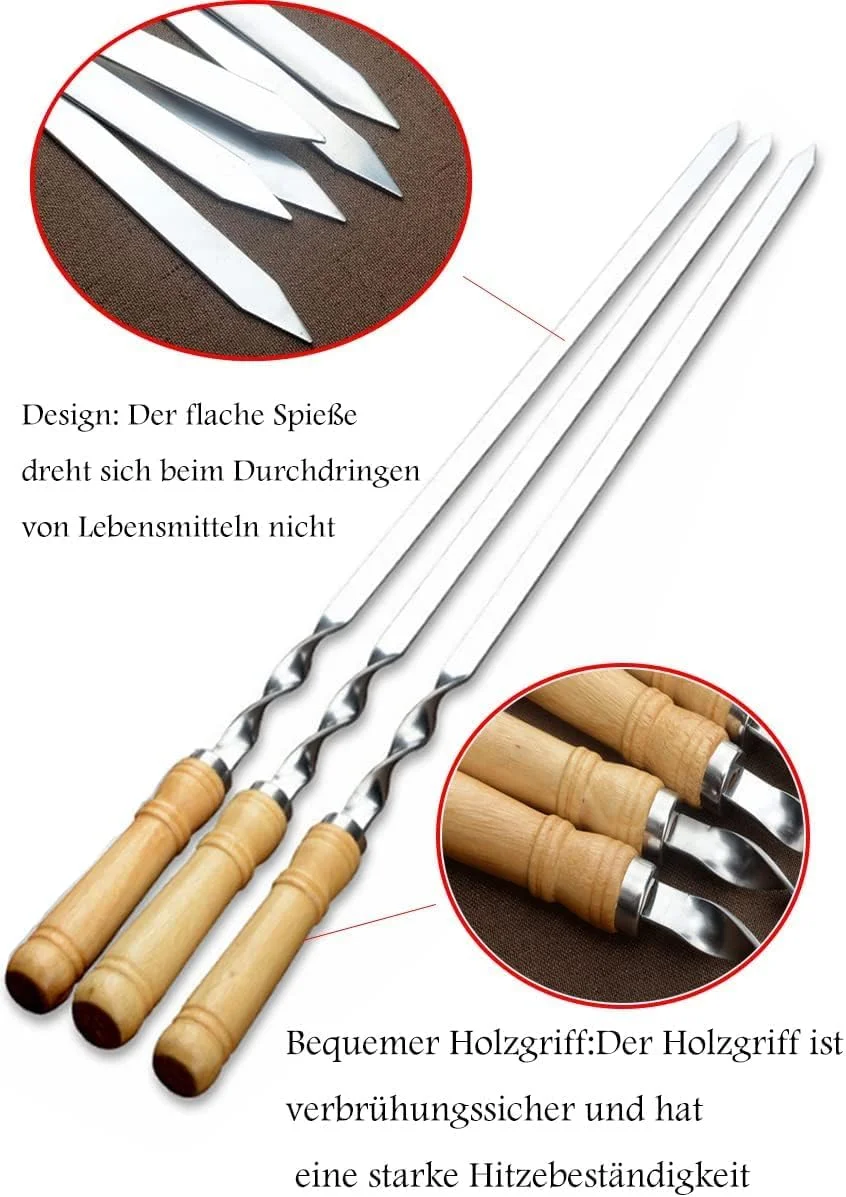 ۶ عدد سیخ کباب استیل با دسته چوبی (طول ۶۰ سانتی متر، ۶ عدد با دسته چوبی)