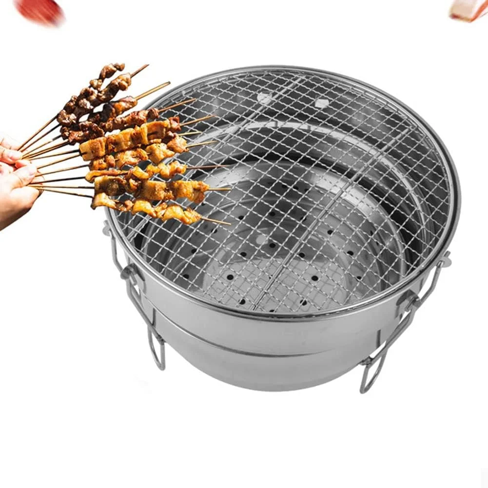 منقل کبابی قابل حمل سطلی، استیل ضد زنگ تاشو، منقل باربیکیو زغالی، منقل سیخ کباب با توری روکش کروم، منقل هیباچی برای باغ، تراس، کمپینگ، باربیکیو، قطر 29 سانتی متر