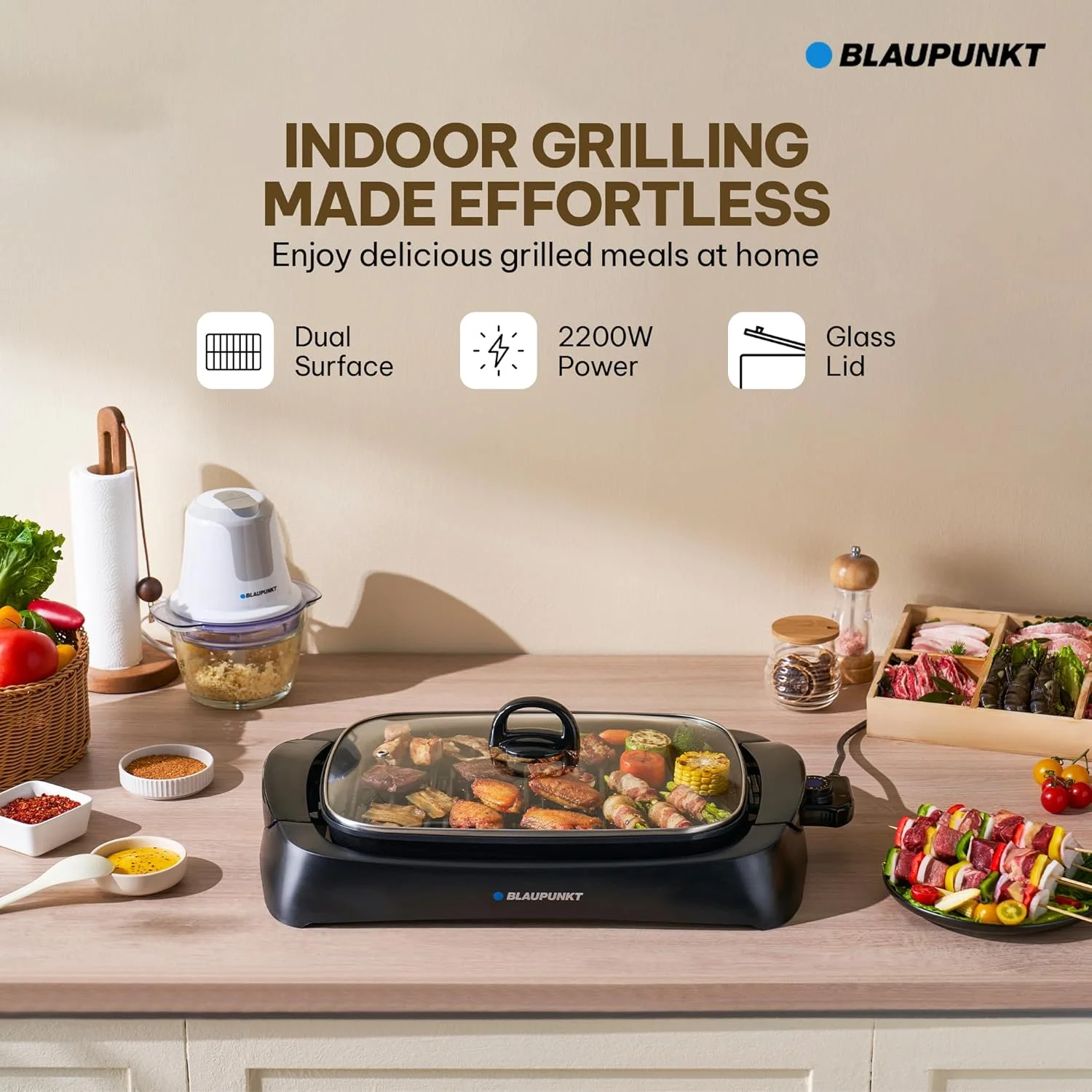 گریل برقی داخل خانه 2200 وات بلاوپنکت - صفحه گریل سرامیکی نچسب، سطح پخت دوگانه برای گوشت و سبزیجات، درب شیشه ای، سینی چکه گیر، دمای قابل تنظیم، کم دود، تمیز کردن آسان - KGT422