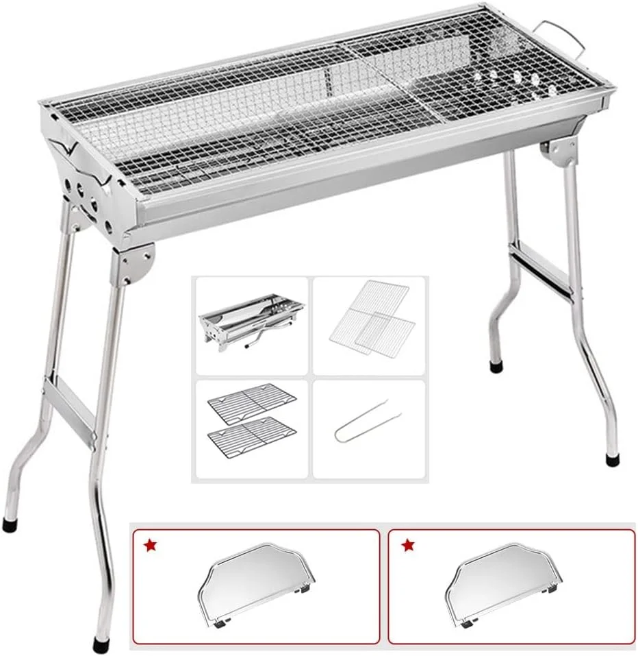 باربیکیو ذغالی قابل حمل استیل ضد زنگ تاشو برای کباب، مناسب مهمانی های خانوادگی در فضای باز باغ، برای 5-10 نفر، 76.5x35x18.5 سانتی متر (سایز: پایه)