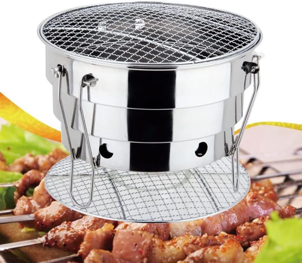 منقل کبابی قابل حمل سطلی، استیل ضد زنگ تاشو، منقل باربیکیو زغالی، منقل سیخ کباب با توری روکش کروم، منقل هیباچی برای باغ، تراس، کمپینگ، باربیکیو، قطر 29 سانتی متر