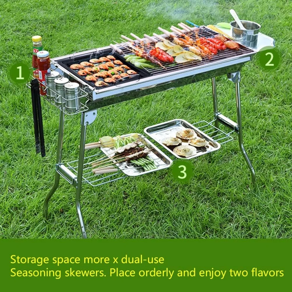 باربیکیو ذغالی قابل حمل استیل ضد زنگ تاشو برای کباب، مناسب مهمانی های خانوادگی در فضای باز باغ، برای 5-10 نفر، 76.5x35x18.5 سانتی متر (سایز: پایه)
