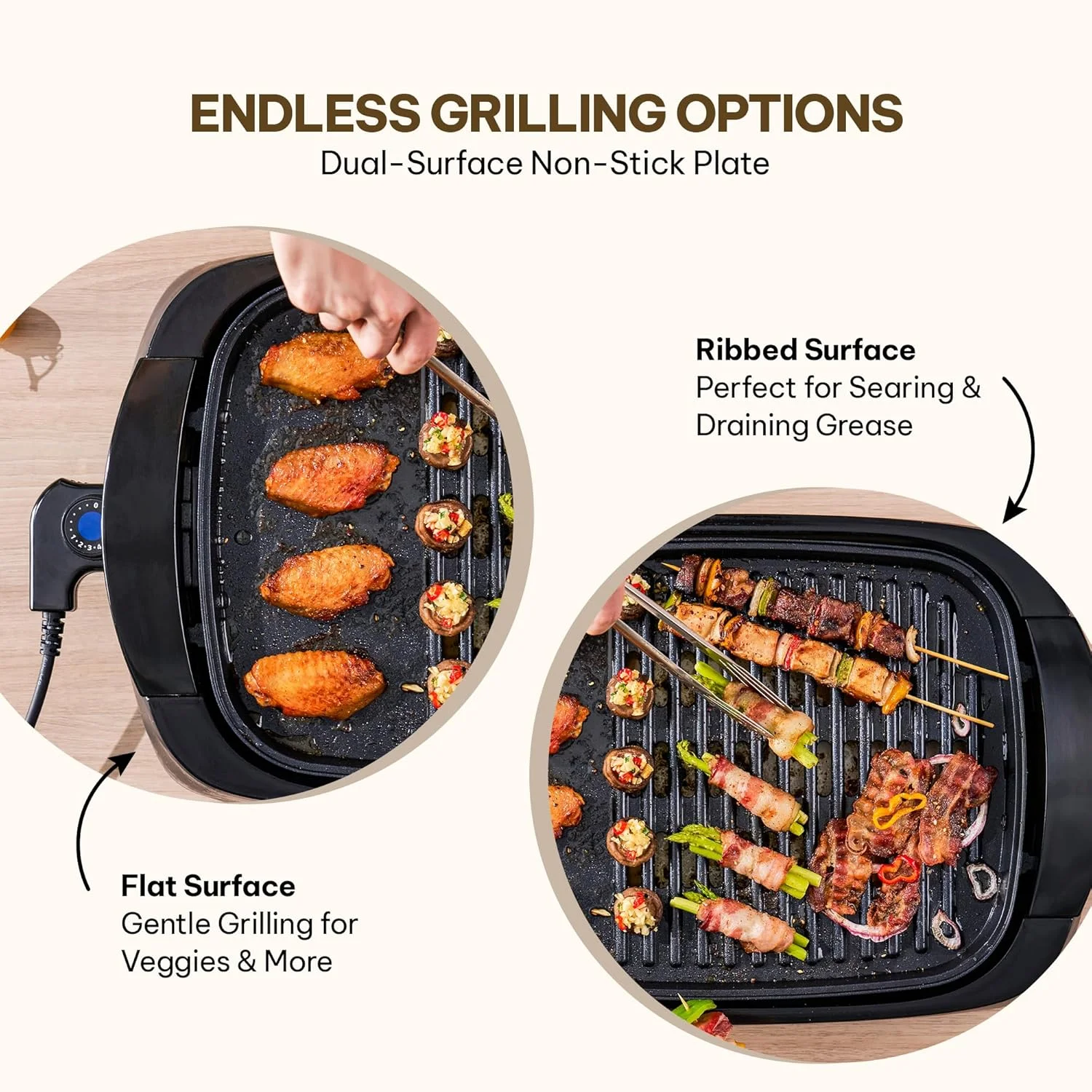 گریل برقی داخل خانه 2200 وات بلاوپنکت - صفحه گریل سرامیکی نچسب، سطح پخت دوگانه برای گوشت و سبزیجات، درب شیشه ای، سینی چکه گیر، دمای قابل تنظیم، کم دود، تمیز کردن آسان - KGT422