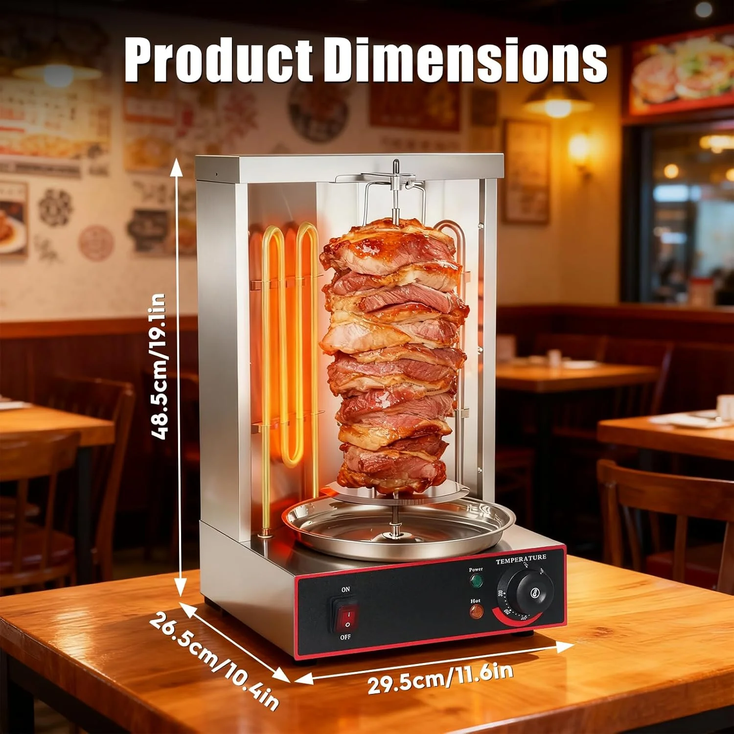 دستگاه کباب ترکی تجاری JUMEIYP، گریل مادون قرمز گوشت دونر عمودی با چرخش 360 درجه اتوماتیک، بدون دود، با قابلیت تنظیم حرارت. (تک گریل)