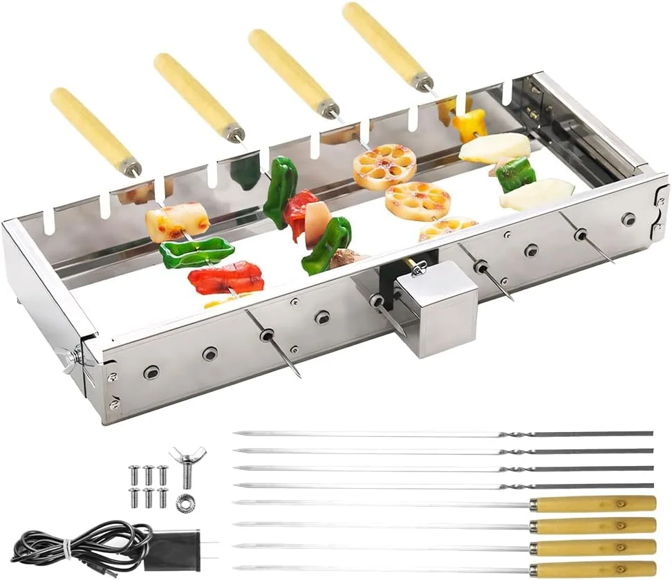 مجموعه سیخ گردان اتوماتیک کباب DUEBEL - کباب پز استیل با 10 سیخ. دارای منبع تغذیه USB و قابلیت تنظیم عرض، مناسب برای کباب کردن انواع گوشت