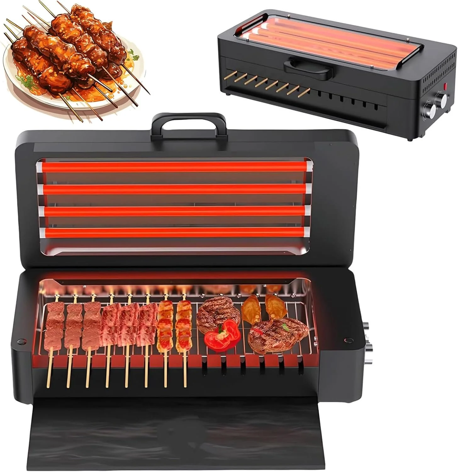 دستگاه کباب پز برقی با سیخ های چرخان اتوماتیک، گریل برقی بدون دود خانگی، غلطک های استیل با چرخش 360 درجه، تمیز کردن آسان برای مهمانی ها، باربیکیو در حیاط خلوت، کمپینگ