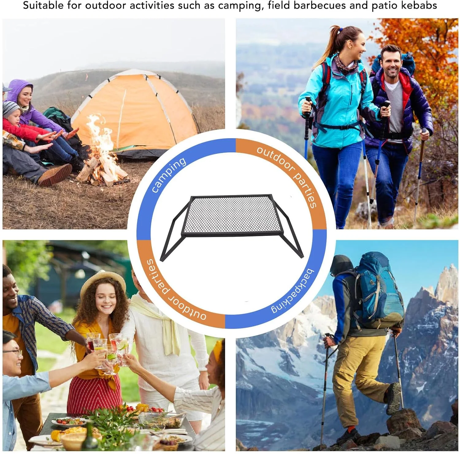 گریل تاشو کمپینگ فضای باز، مقاوم در برابر حرارت، استفاده طولانی مدت، قابل حمل برای حیاط و کوله گردی (40 در 30 سانتی متر بدون چنگال)