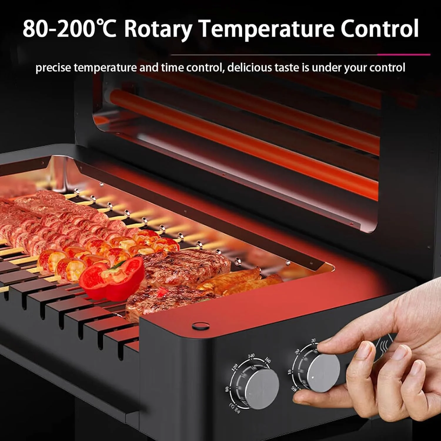 دستگاه کباب پز برقی با سیخ های چرخان اتوماتیک، گریل برقی بدون دود خانگی، غلطک های استیل با چرخش 360 درجه، تمیز کردن آسان برای مهمانی ها، باربیکیو در حیاط خلوت، کمپینگ